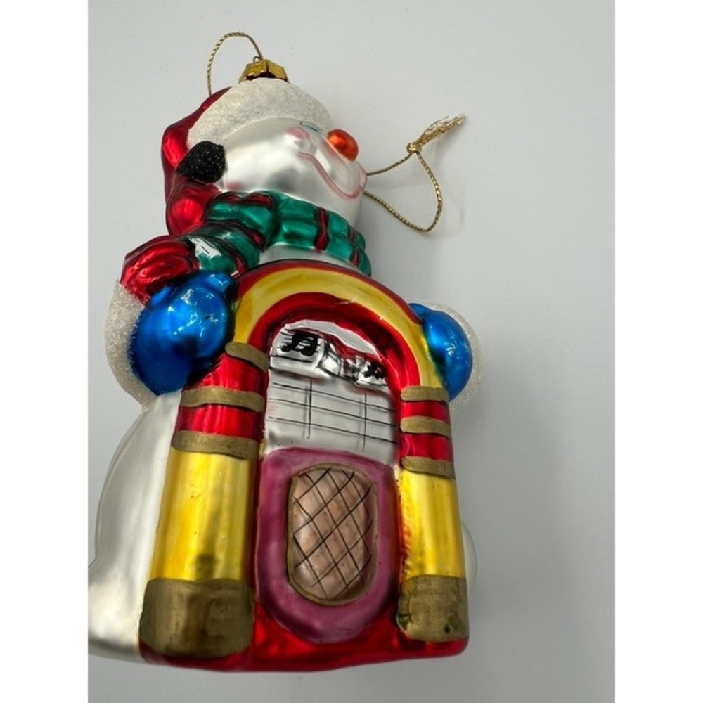 Vintage Snowman Retro Jukebox Glass Christmas Ornament Santa Hat 5.25in 1990's - Picture 7 of 12